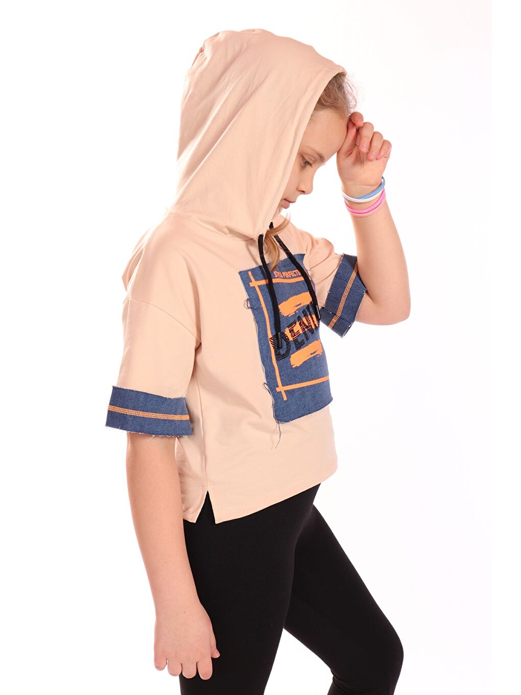 Bej Kız Çocuk Denım Baskılı Kapüşonlu Tişört