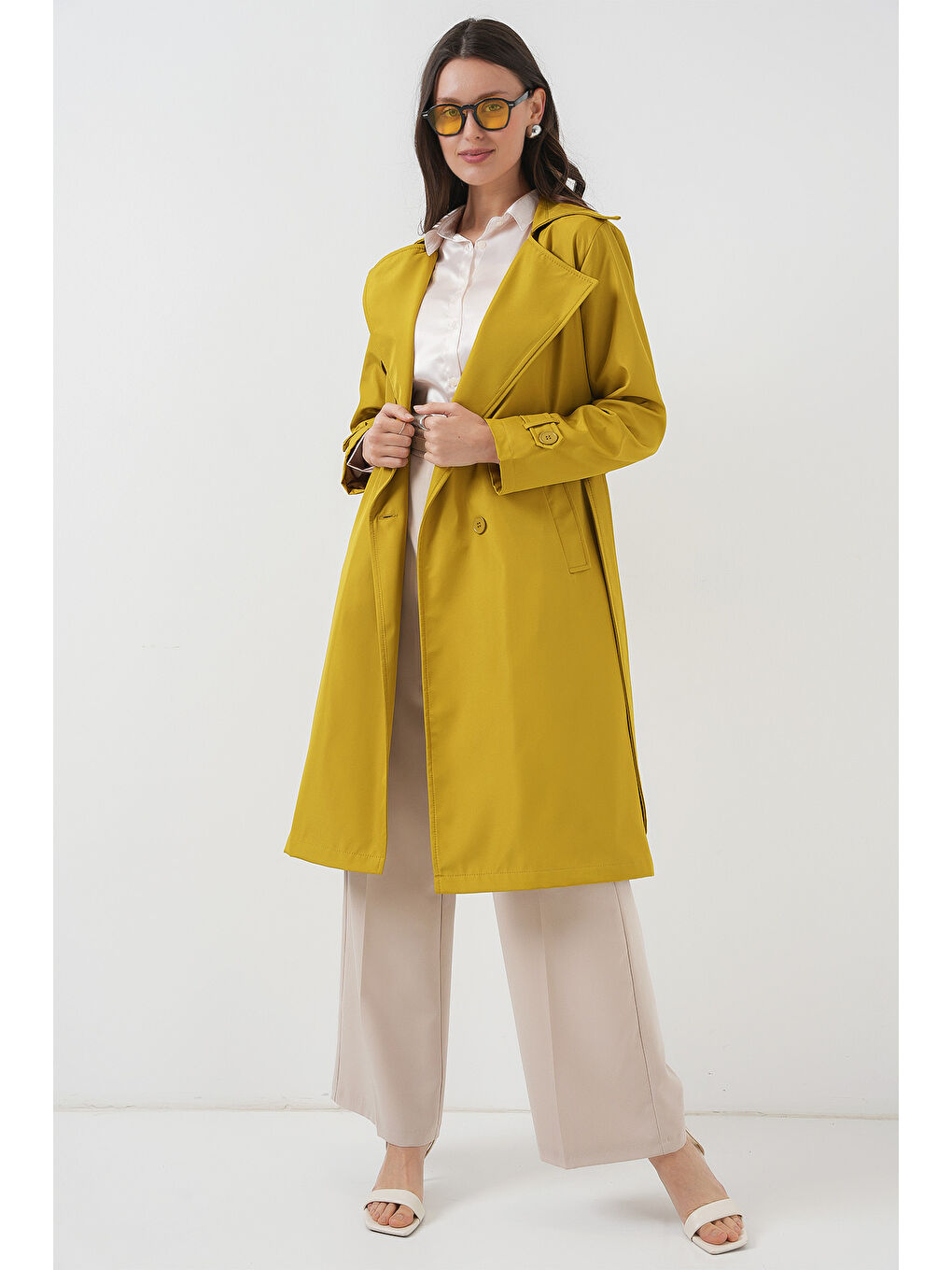 5918 Kruvaze Yaka Trençkot - Yağ Yeşil-1