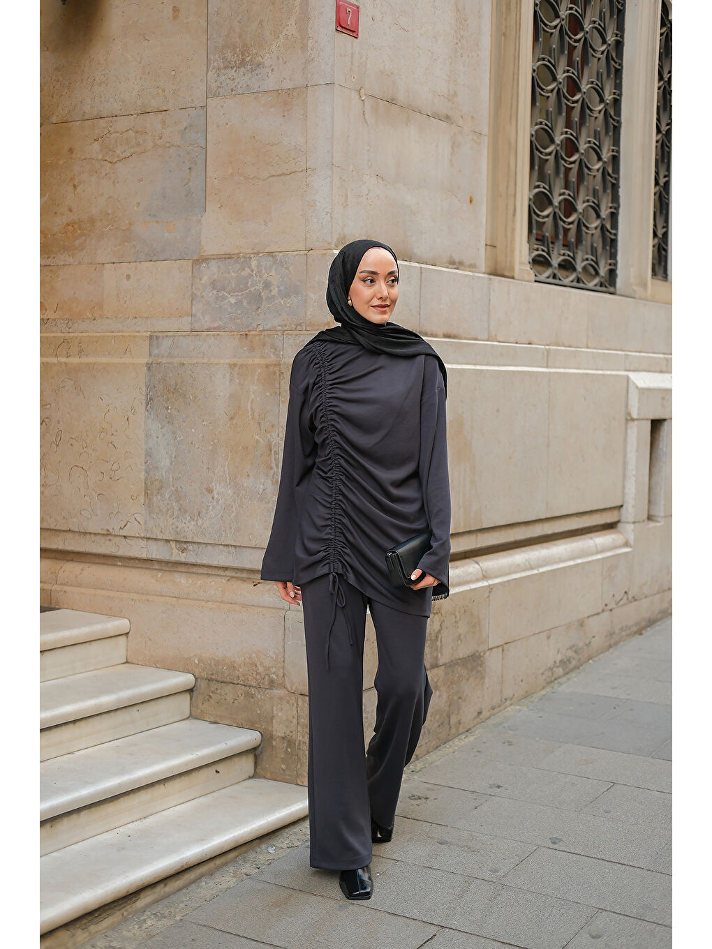 Gri Kadın Lastik Detay İkili Takım Füme-4