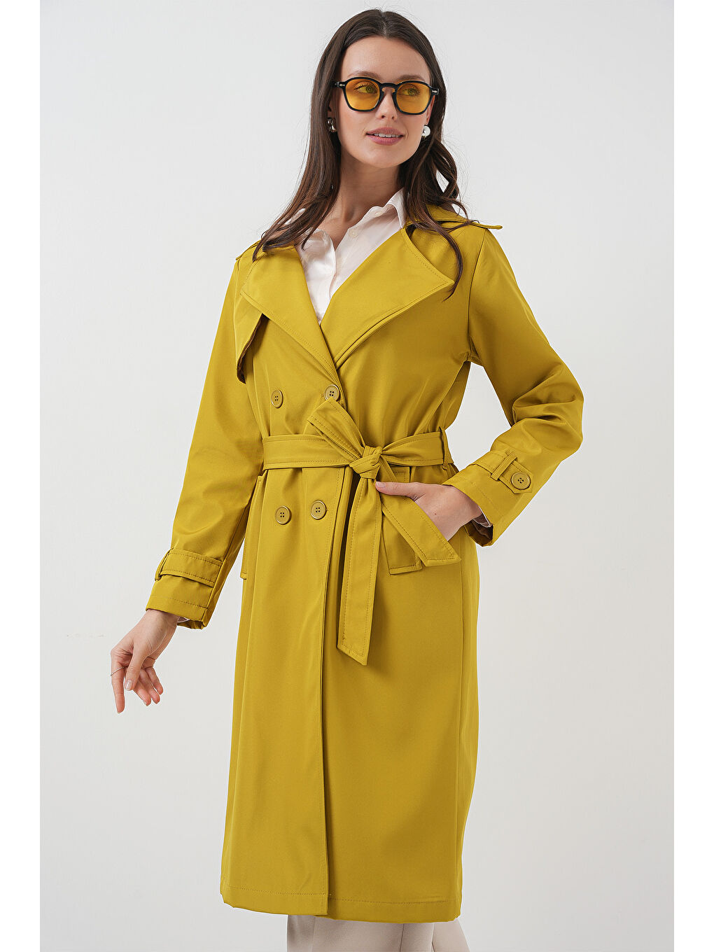 5918 Kruvaze Yaka Trençkot - Yağ Yeşil-2