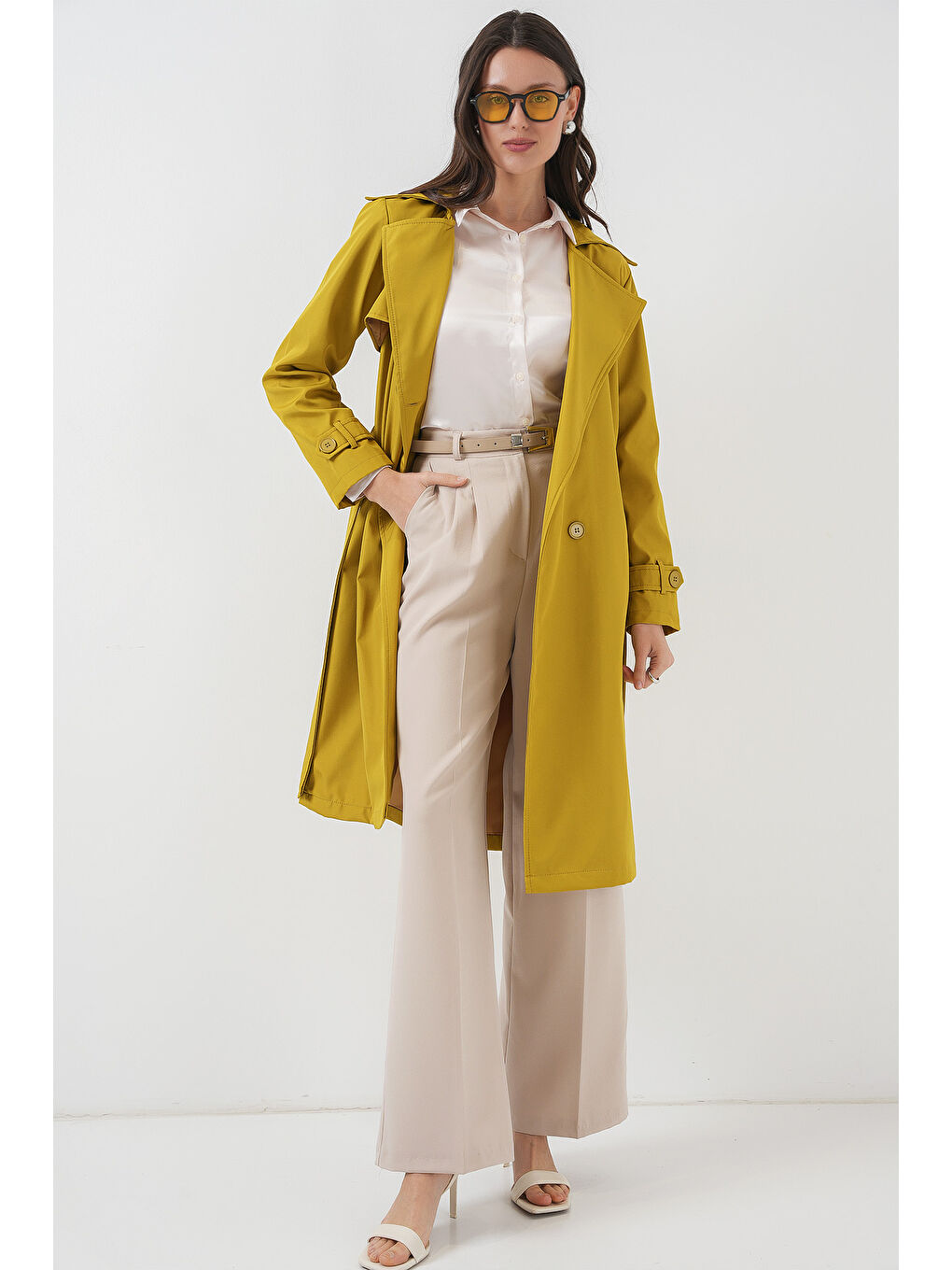 5918 Kruvaze Yaka Trençkot - Yağ Yeşil-3