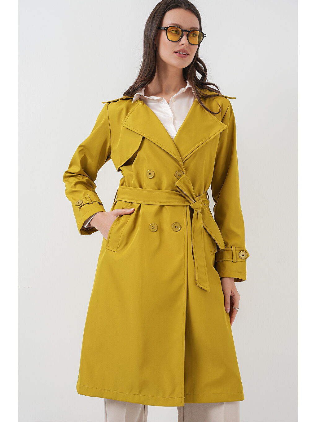 5918 Kruvaze Yaka Trençkot - Yağ Yeşil-4