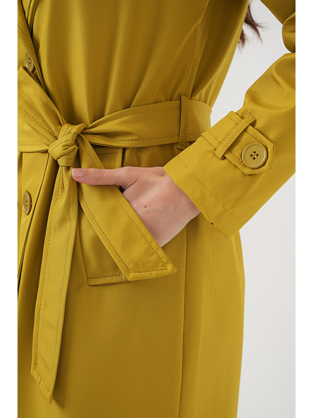 5918 Kruvaze Yaka Trençkot - Yağ Yeşil-5