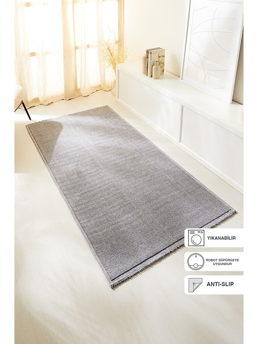 Yıkanabilir Pamuklu Gri Renk Buklet Kilim 80 x 150 cm