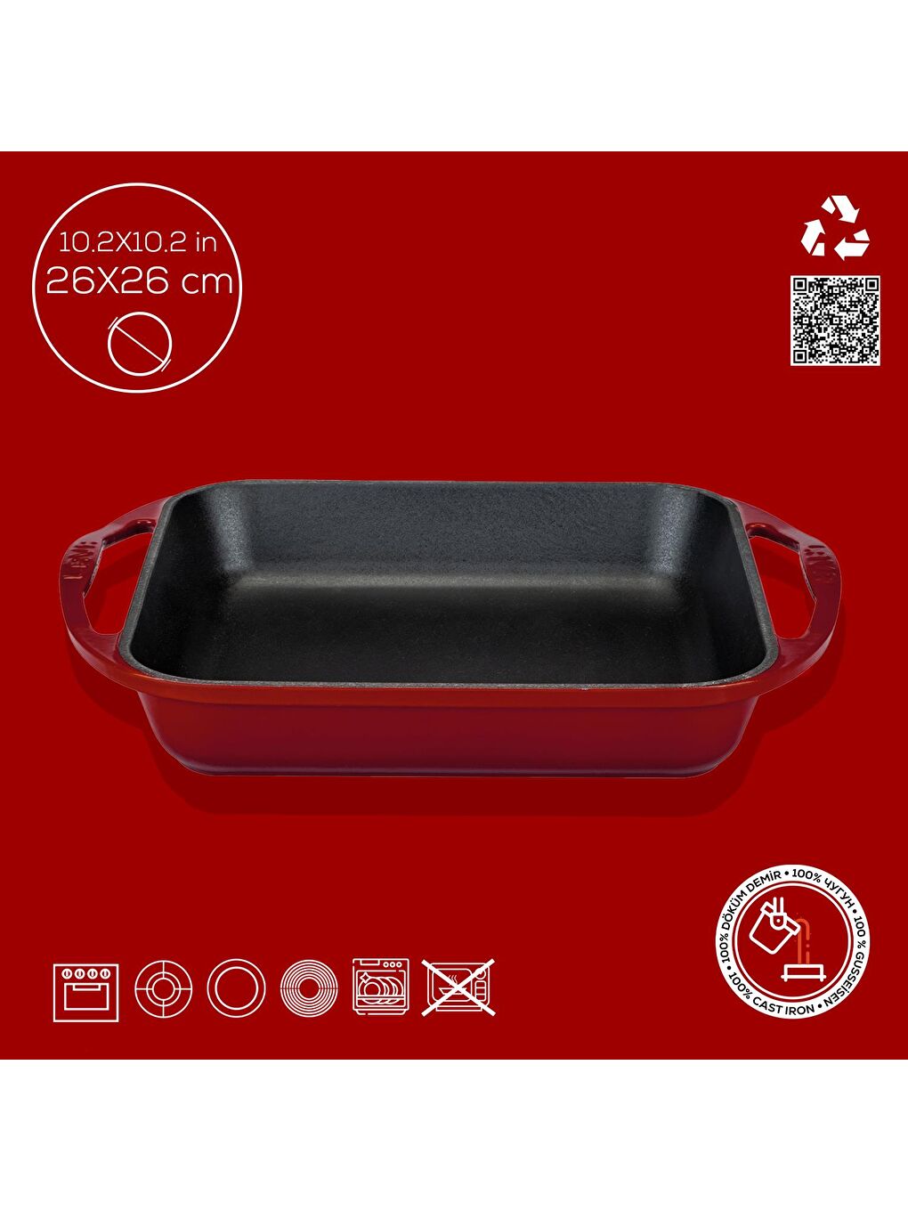 Bordo Kare Kızartma Tavası Döküm Demir Yekpare Çift Kulplu Ölçü 26x26cm.-3