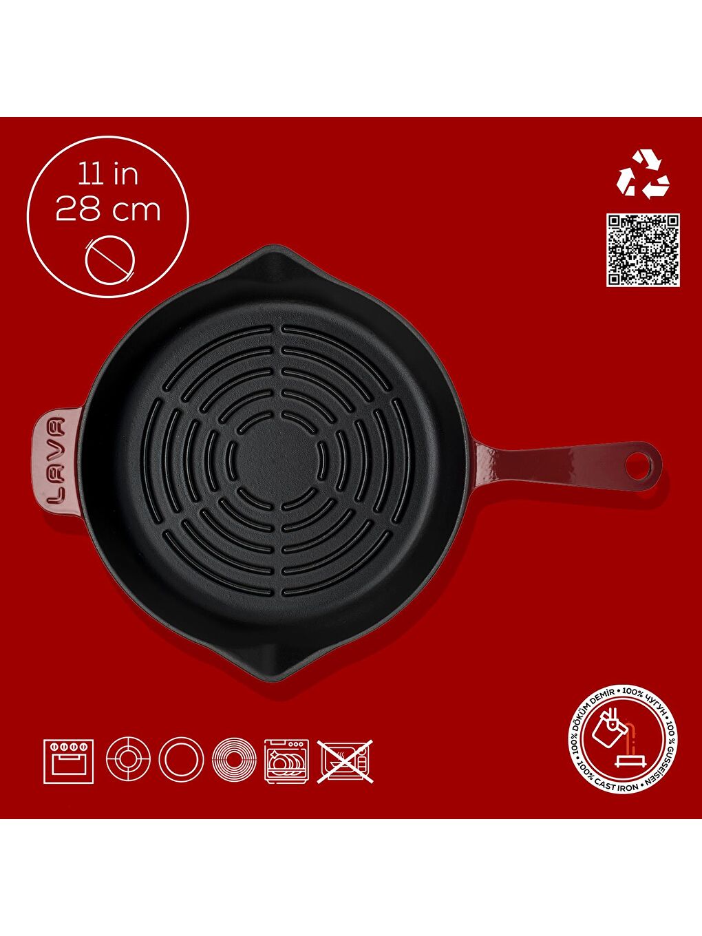 Bordo Yuvarlak Izgara Tava Döküm Demir Yekpare Saplı Radyal Dokulu İç Yüzey Çap(Ø)28cm.-3