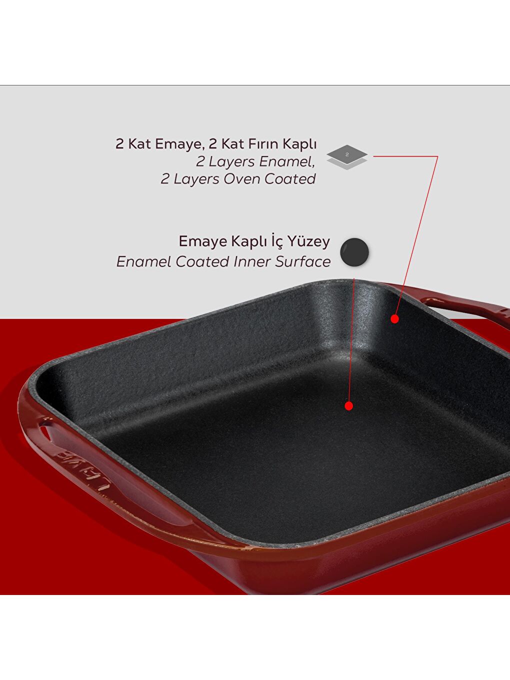 Bordo Kare Kızartma Tavası Döküm Demir Yekpare Çift Kulplu Ölçü 26x26cm.-5