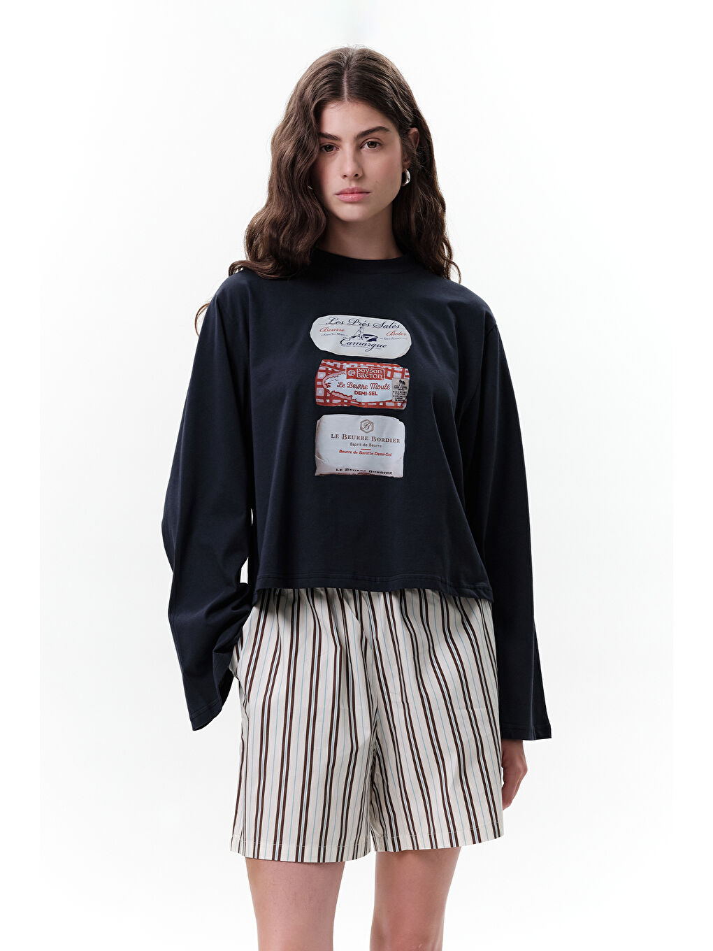 Siyah Baskılı Crop Uzun Kol T-Shırt Butter-4