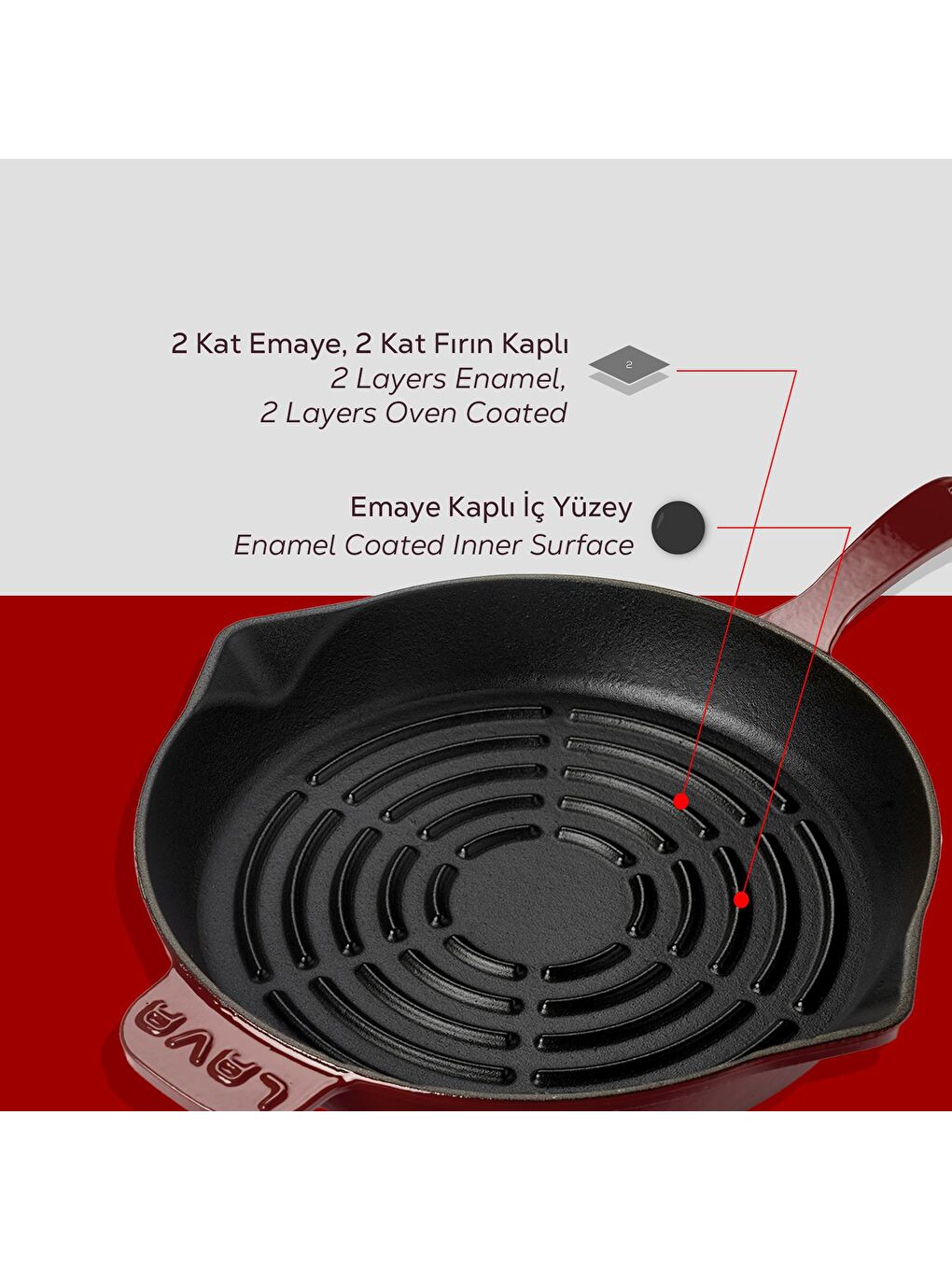 Bordo Yuvarlak Izgara Tava Döküm Demir Yekpare Saplı Radyal Dokulu İç Yüzey Çap(Ø)28cm.-5