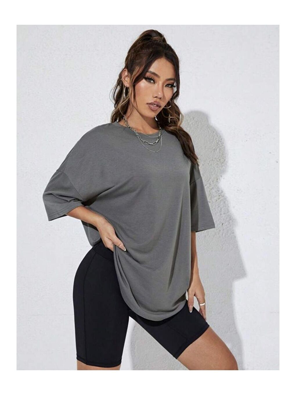 Trendseninle Füme Kadın Füme Dikey Kelebekler Baskılı Oversize Tişört - 1