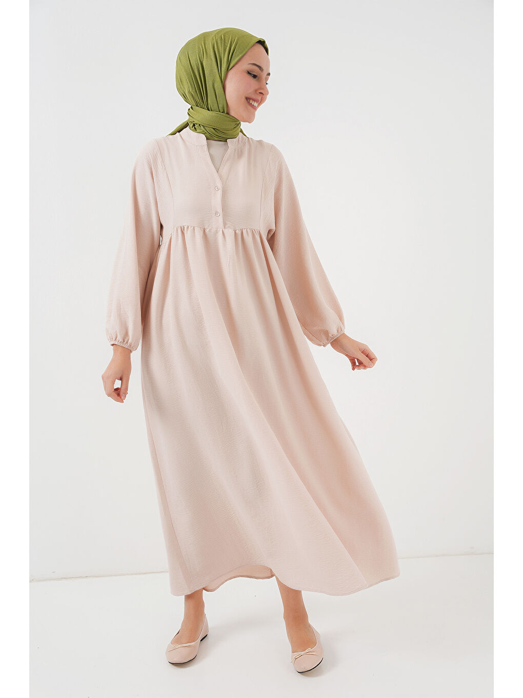 Ekru Kadın Uzun Tesettür Elbise 2525 - Krem-1