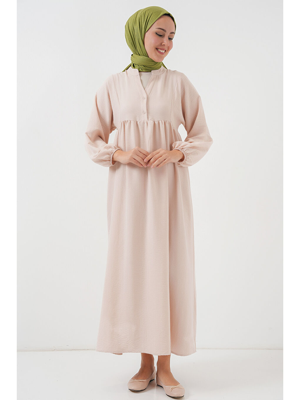 Ekru Kadın Uzun Tesettür Elbise 2525 - Krem-2