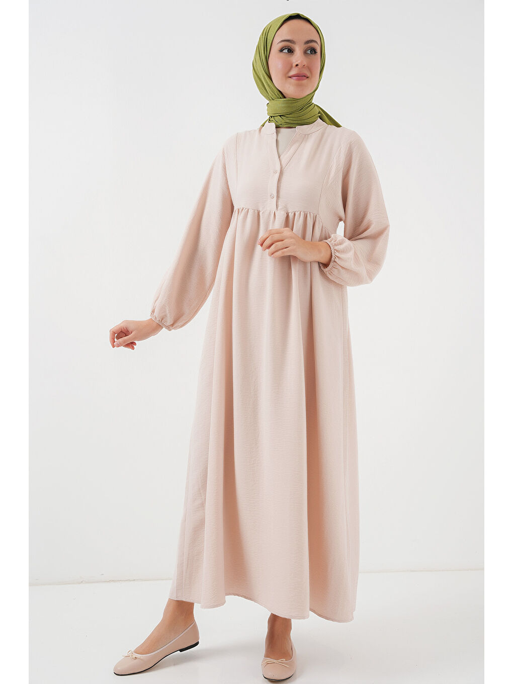 Ekru Kadın Uzun Tesettür Elbise 2525 - Krem-3