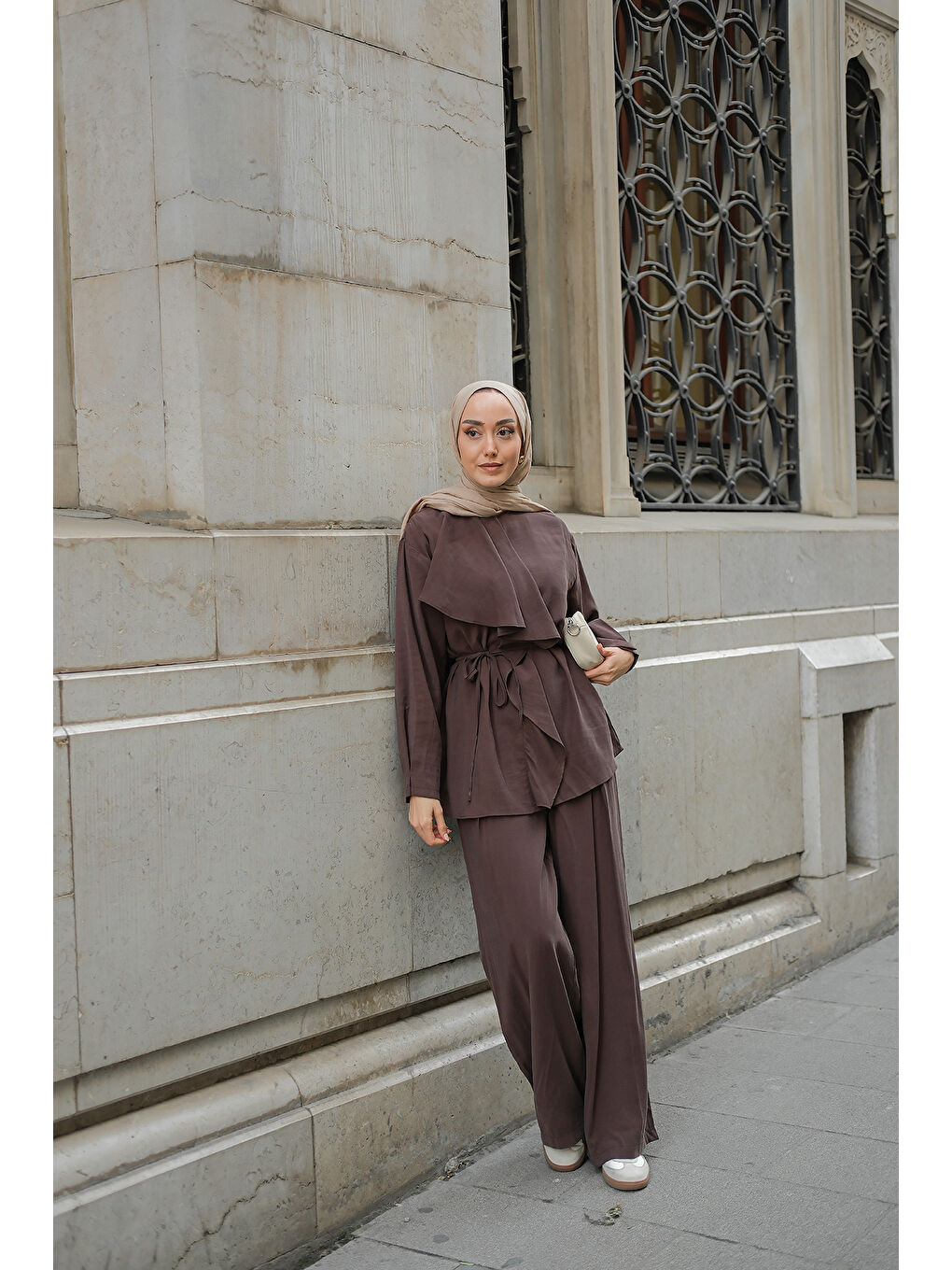 Kadın Ön Büzgülü İkili Takım Kahverengi-1