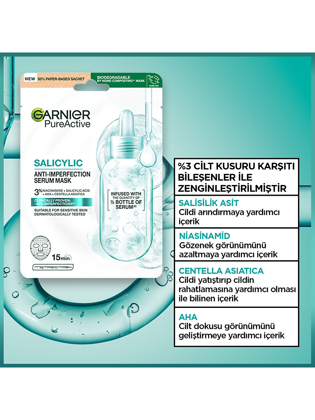 Salisilik Cilt Kusuru Görünümü Karşıtı Maske, (3% Niasinamid, Aha, Centella Asiatica), Vegan-1