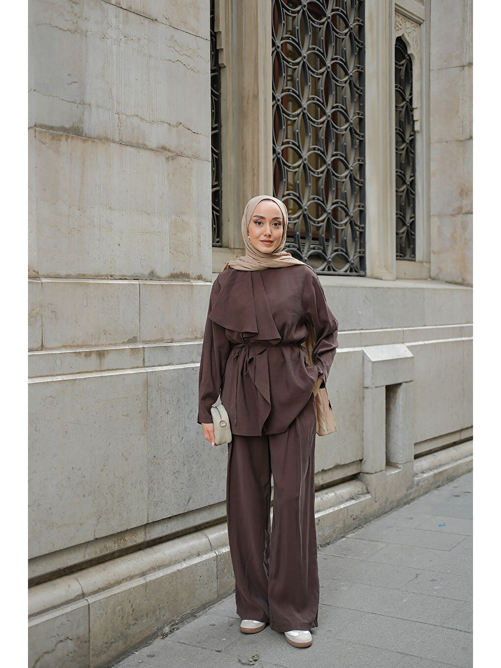 Kadın Ön Büzgülü İkili Takım Kahverengi-2