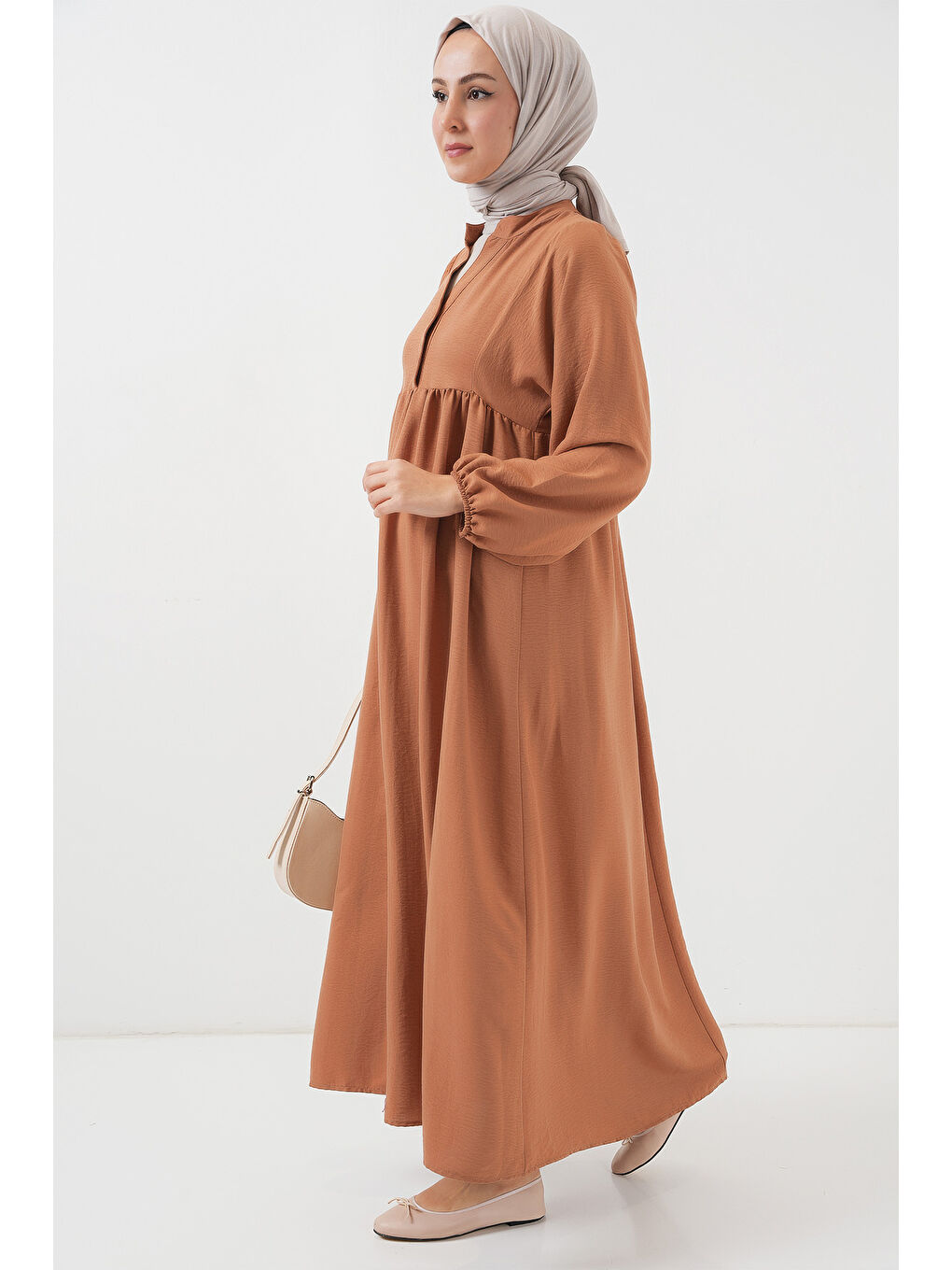 Kahverengi Kadın Uzun Tesettür Elbise 2525 - Taba-1