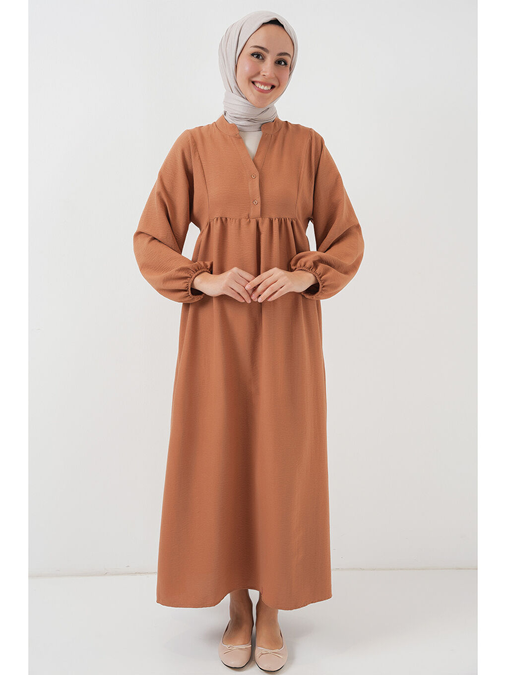 Kahverengi Kadın Uzun Tesettür Elbise 2525 - Taba-2