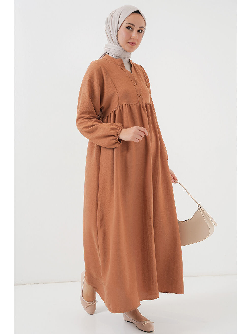 Kahverengi Kadın Uzun Tesettür Elbise 2525 - Taba-3