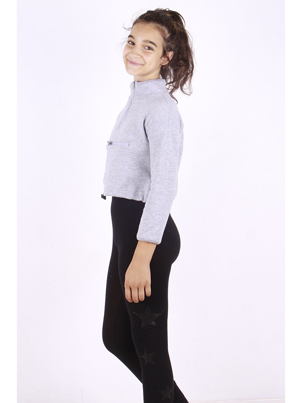 Gri Kız Çocuk Fermuarlı Sweatshirt-1