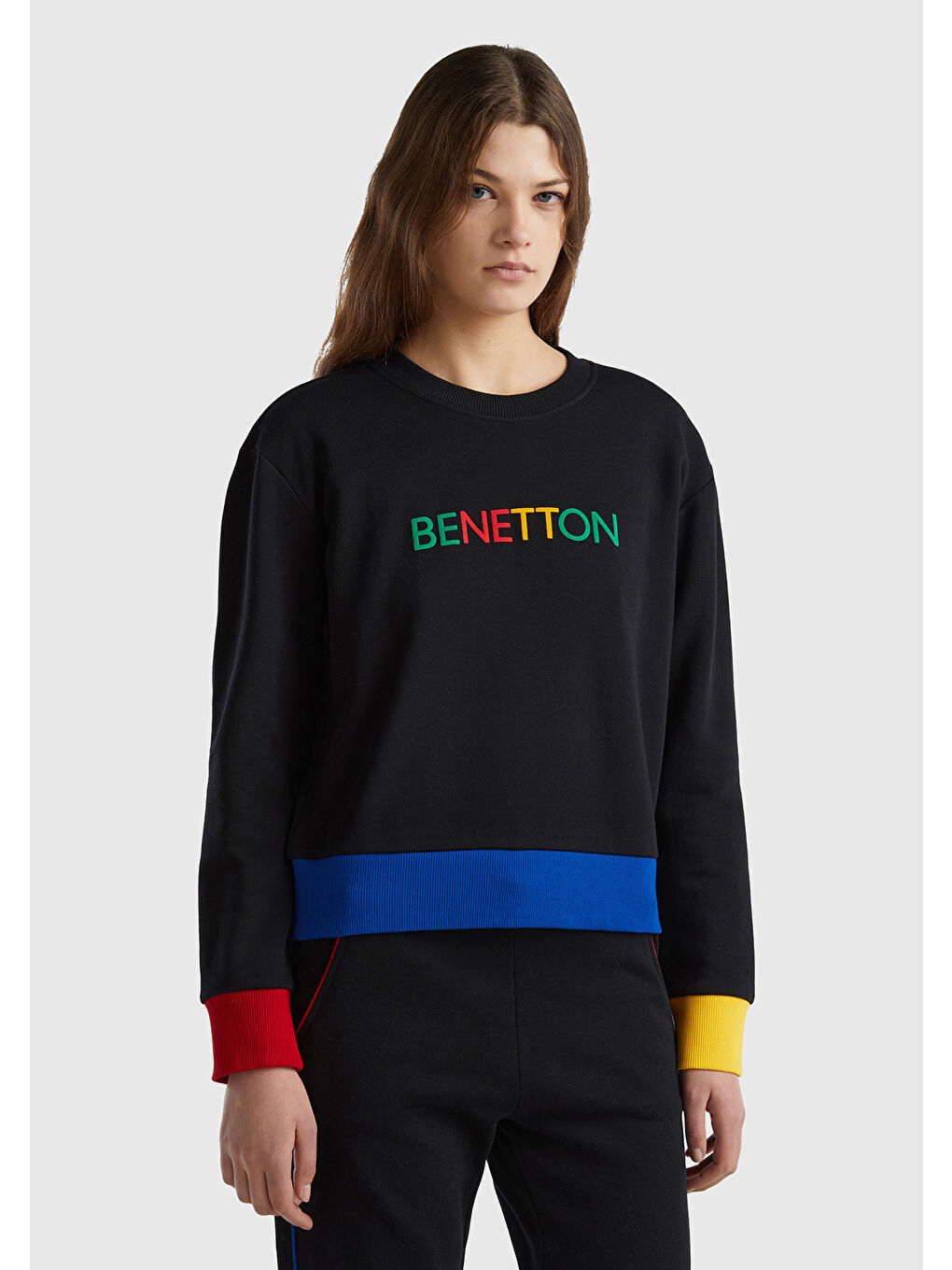 Kadın Siyah %100 Pamuk  Yazılı Bisiklet Yaka Sweatshirt