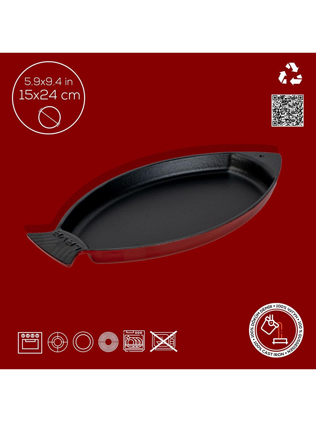 Bordo Balık Tabağı Döküm Demir Yekpare Kulplu Ölçü 15x24cm.-3