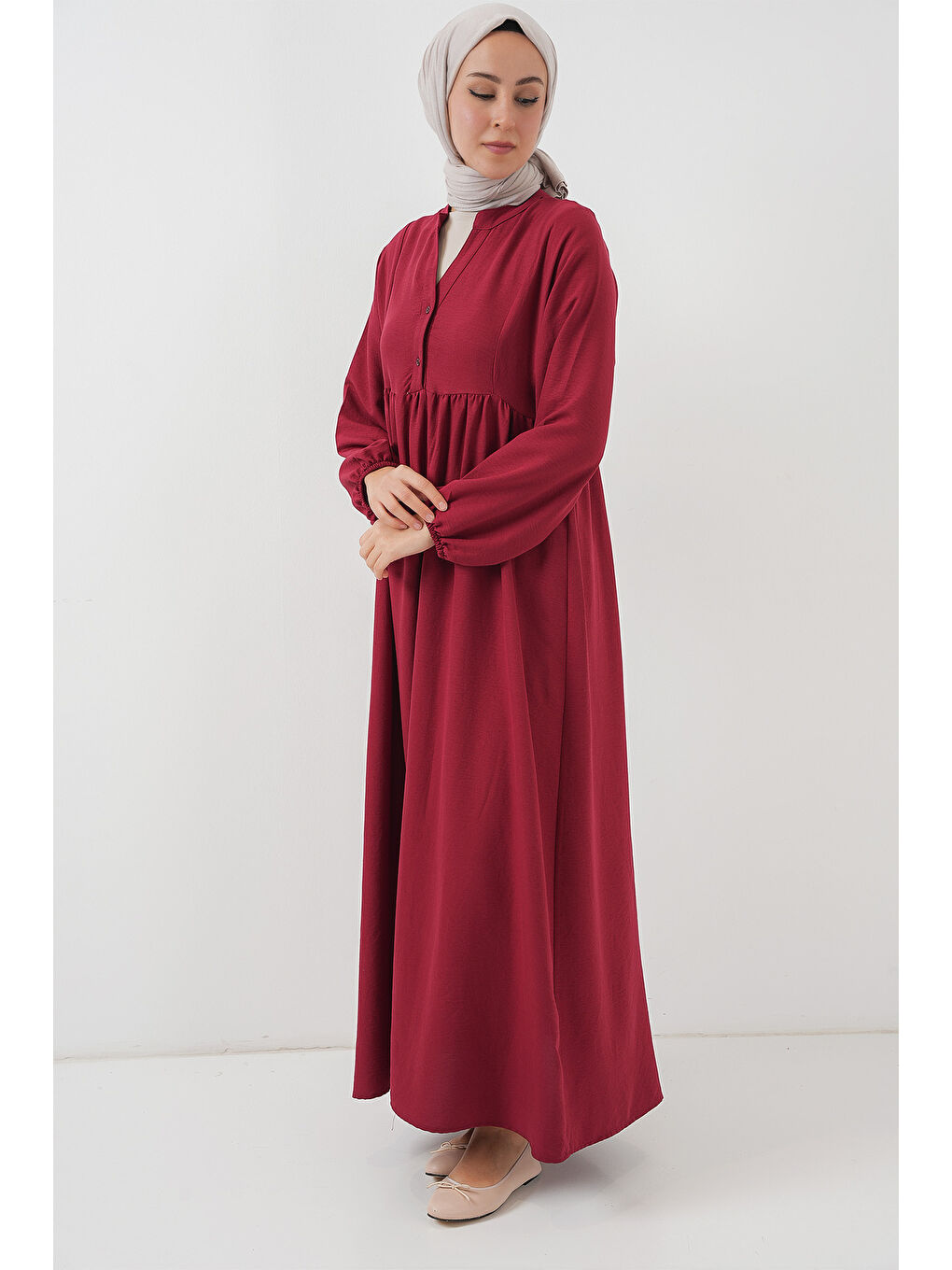 Kadın Uzun Tesettür Elbise 2525 - Bordo-1