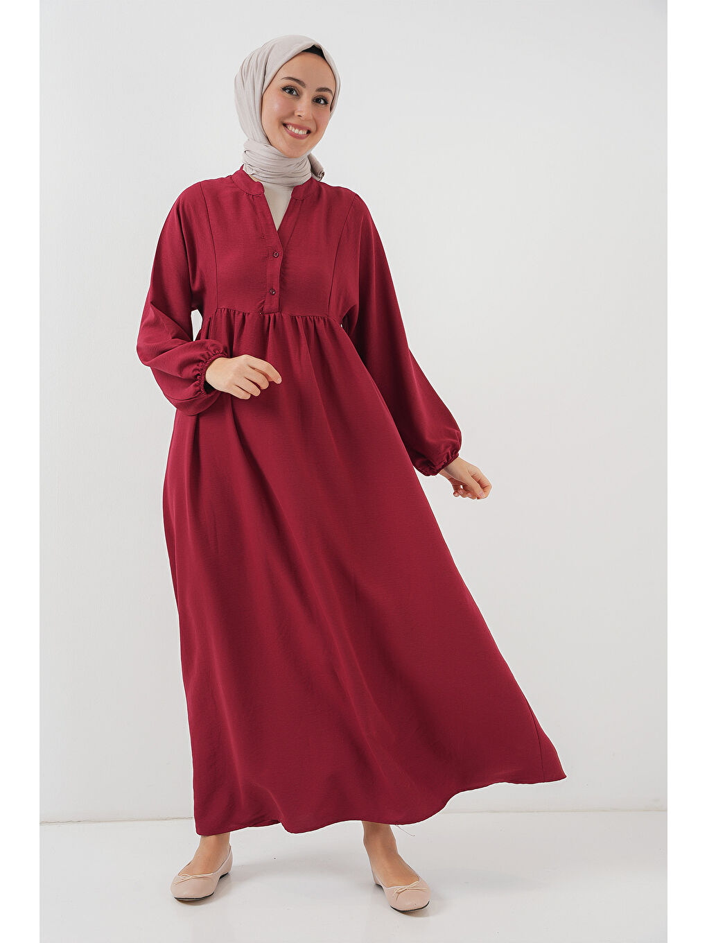 Kadın Uzun Tesettür Elbise 2525 - Bordo-2