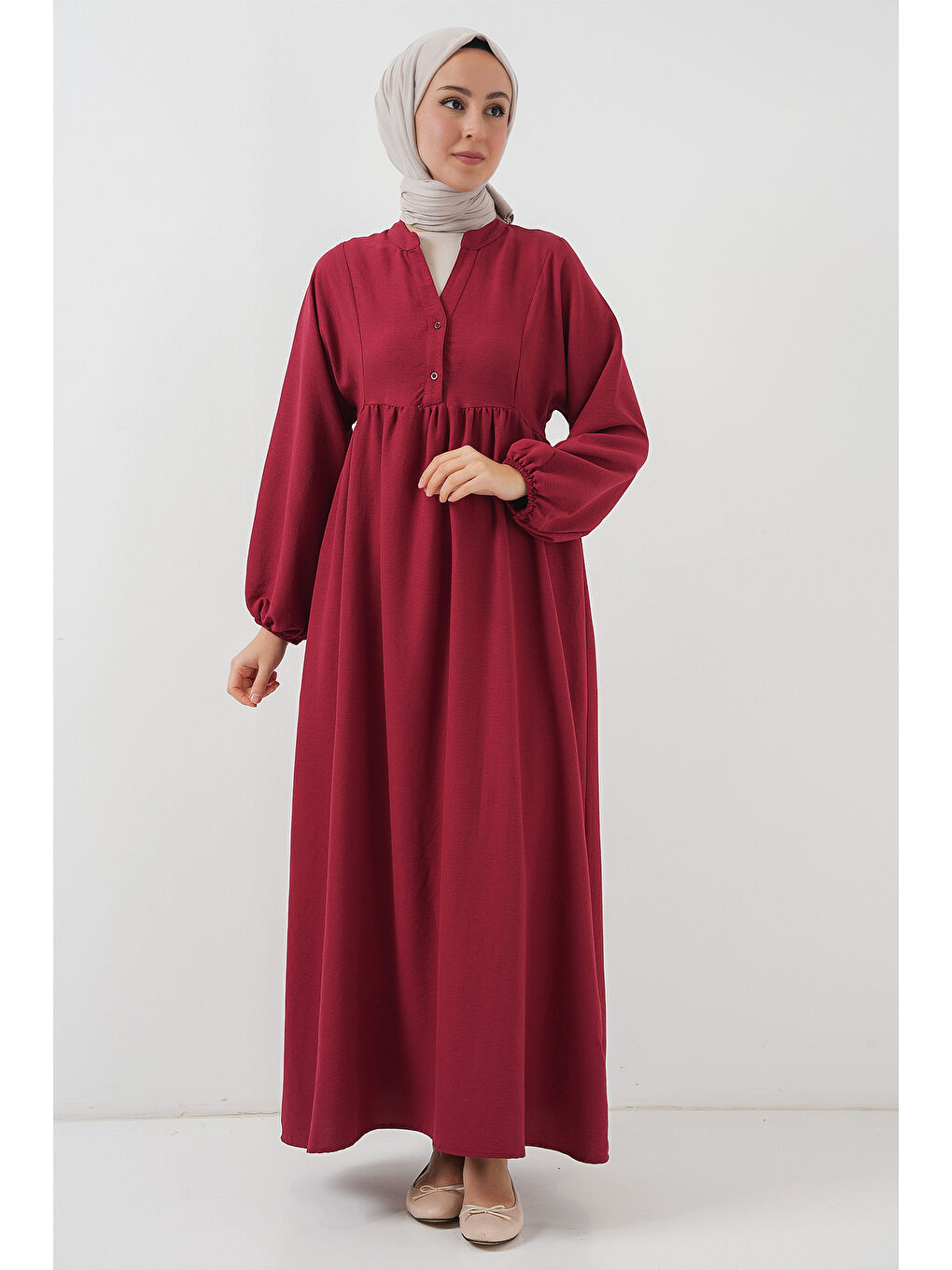 Kadın Uzun Tesettür Elbise 2525 - Bordo-3