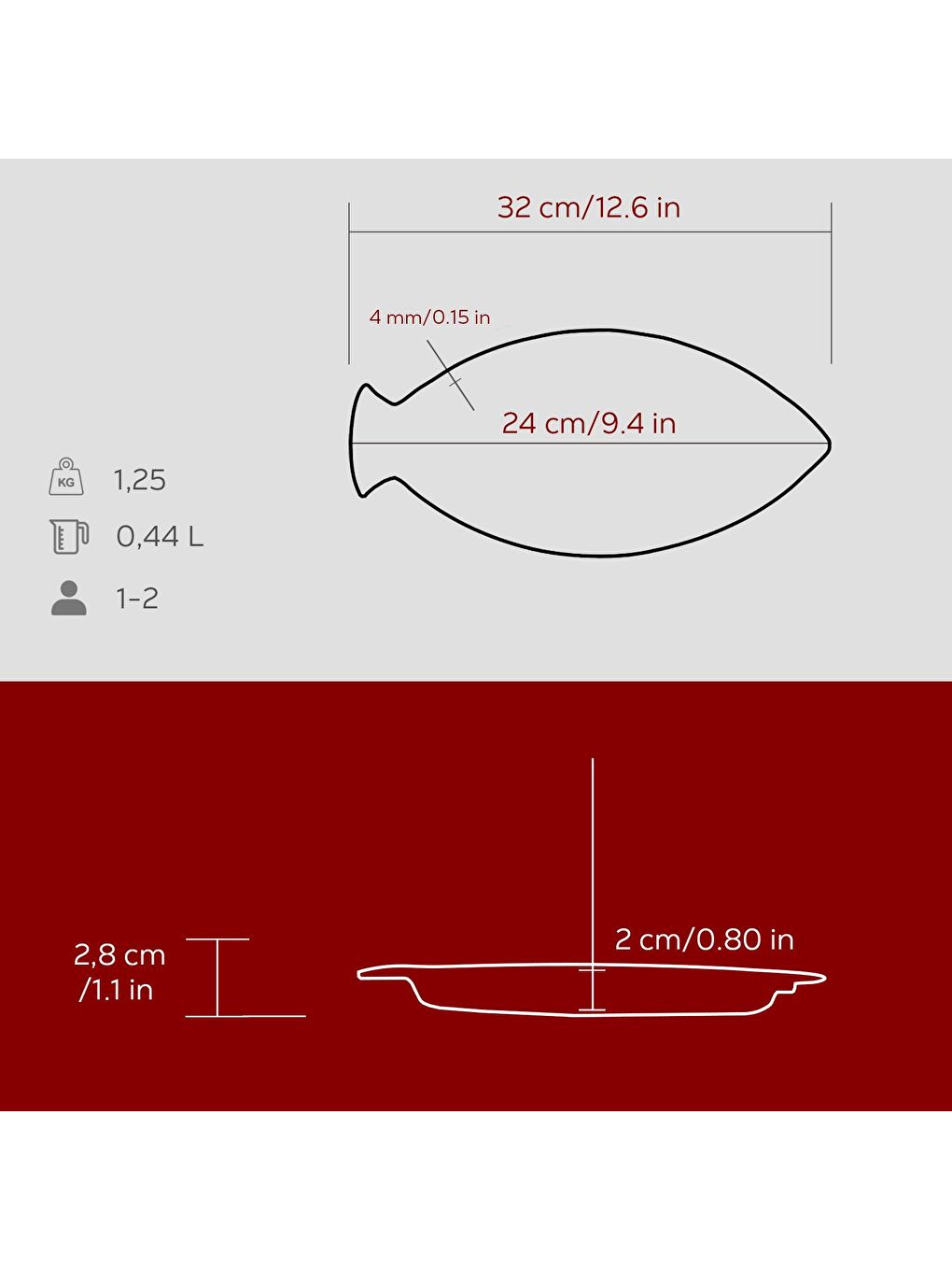 Bordo Balık Tabağı Döküm Demir Yekpare Kulplu Ölçü 15x24cm.-4