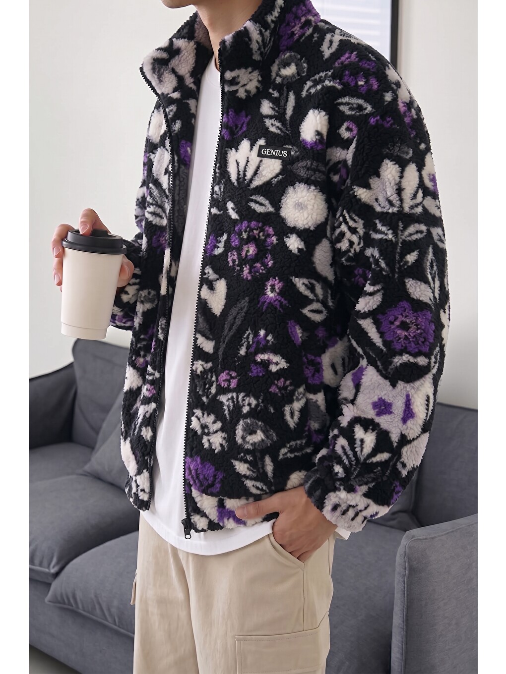 Mor Oversize Pelüş Tam Fermuarlı Sweatshirt Pelüş İçi Polarlı Sherpa Kumaş Sweatshirt-1