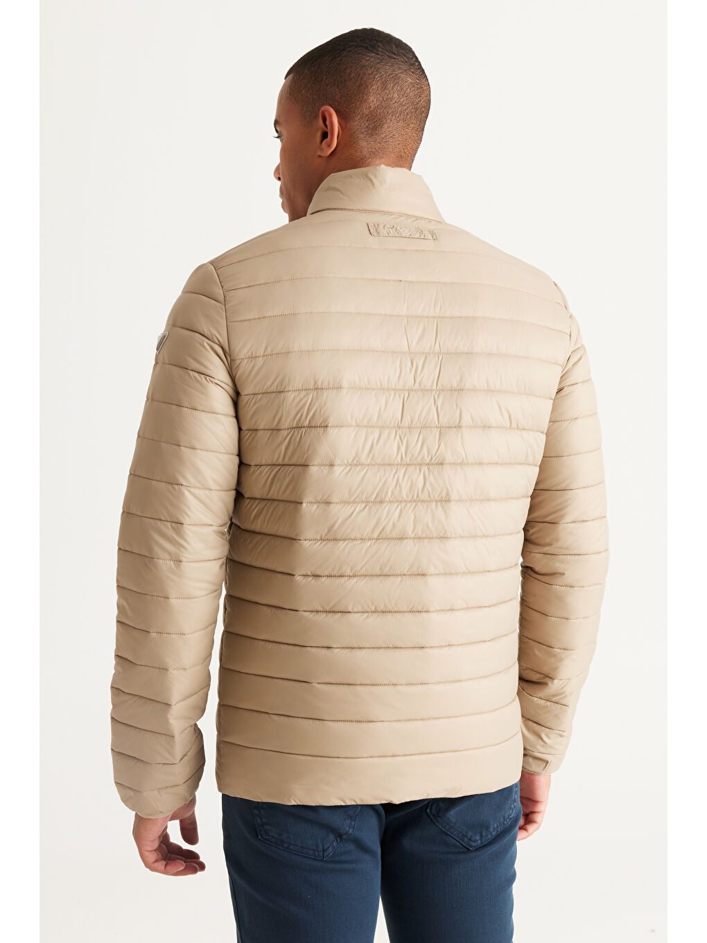 Erkek Bej Standart Fit Normal Kesim Dik Yaka Desenli Mont-5