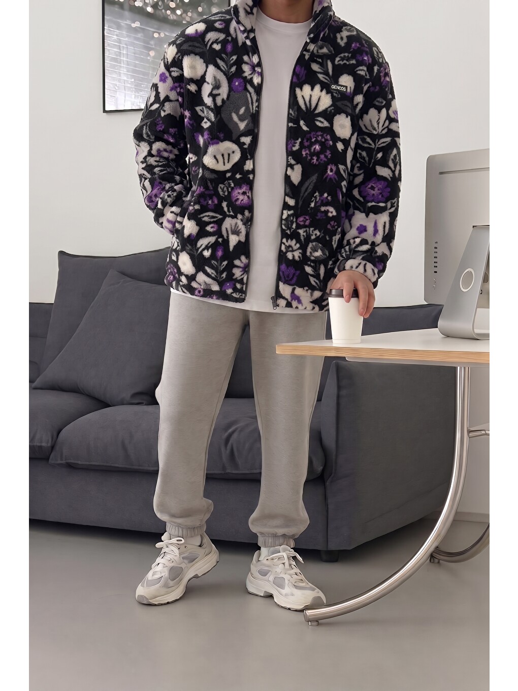 Mor Oversize Pelüş Tam Fermuarlı Sweatshirt Pelüş İçi Polarlı Sherpa Kumaş Sweatshirt-2