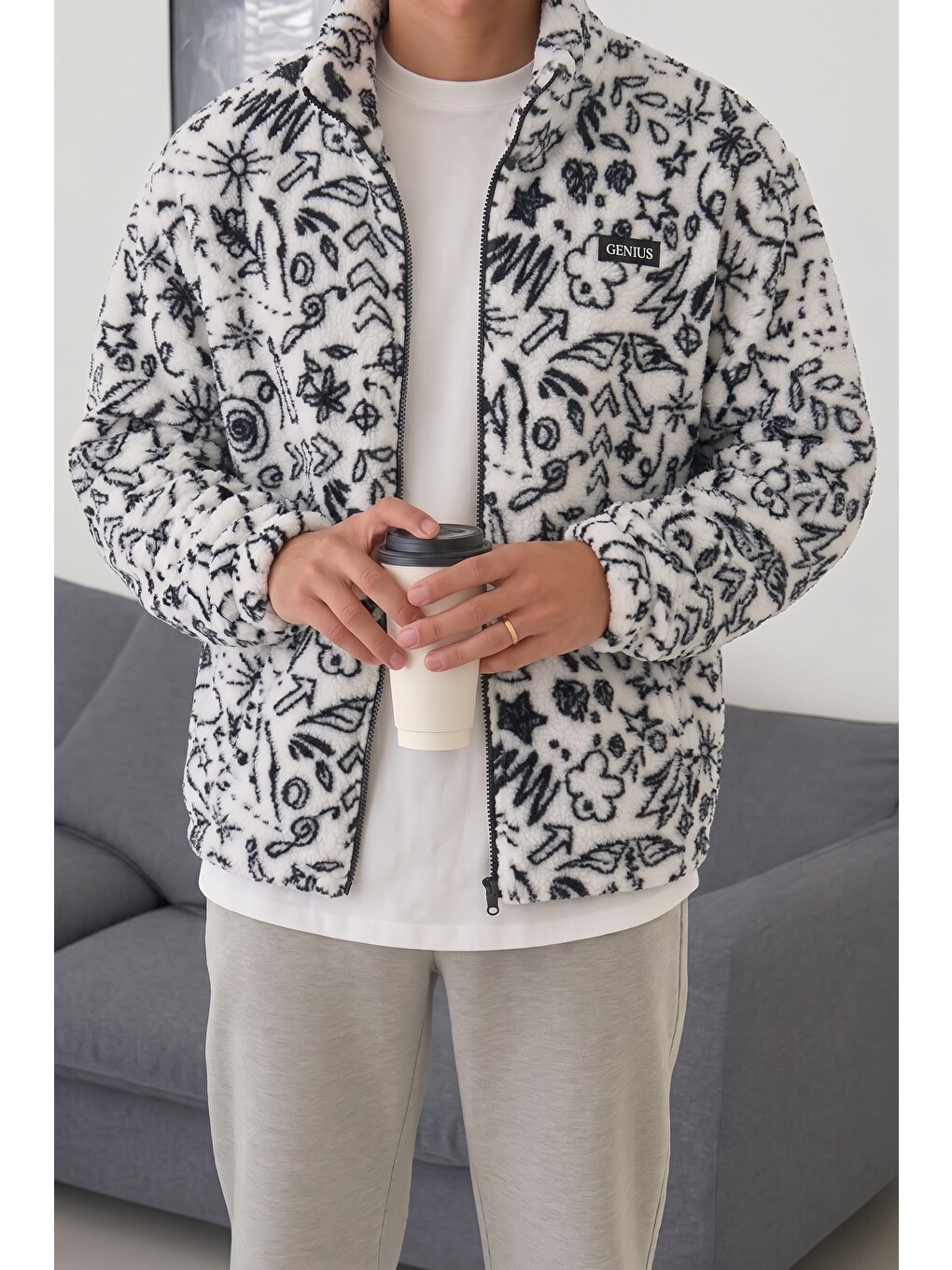 Beyaz Oversize Pelüş Tam Fermuarlı Sweatshirt Pelüş İçi Polarlı Sherpa Kumaş Sweatshirt