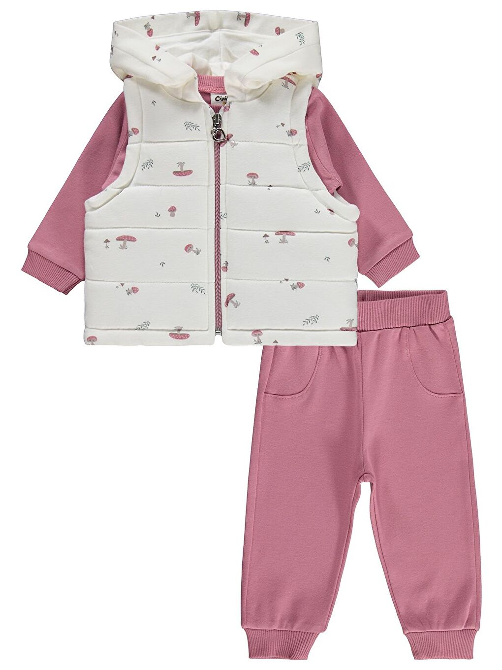 Baby Mantar Baskılı 3'lü 6-18 Ay Takım - Pembe 9-12 Ay