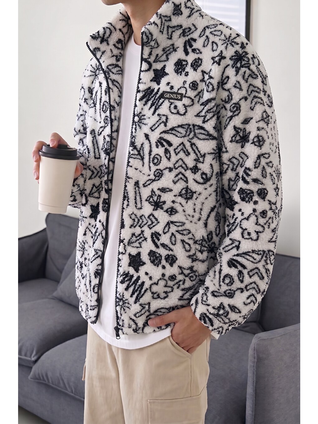 Beyaz Oversize Pelüş Tam Fermuarlı Sweatshirt Pelüş İçi Polarlı Sherpa Kumaş Sweatshirt-1