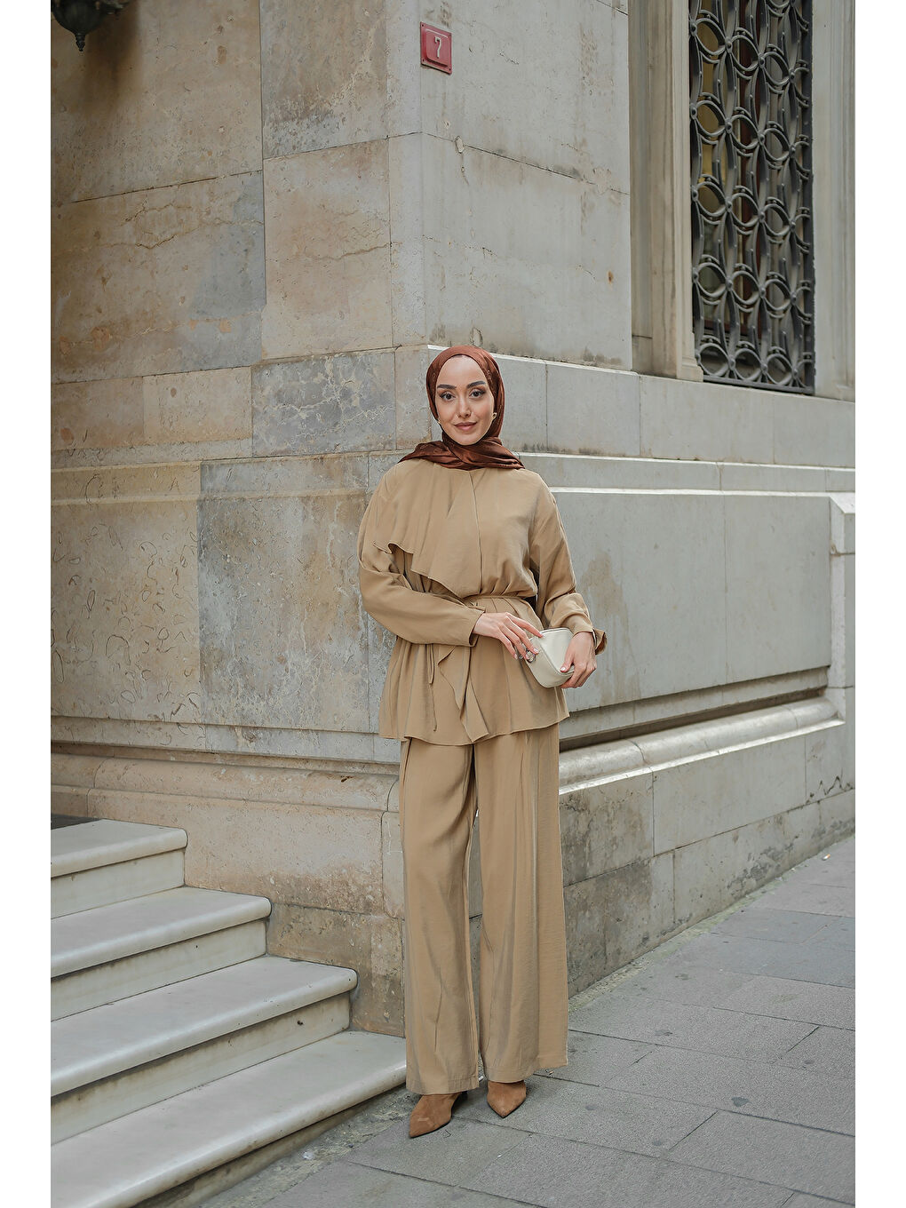 Bej Kadın Ön Büzgülü İkili Takım Vizon-4