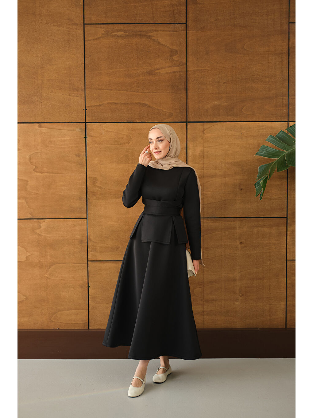Kadın Bel Bağlamalı Etekli Takım Siyah-1