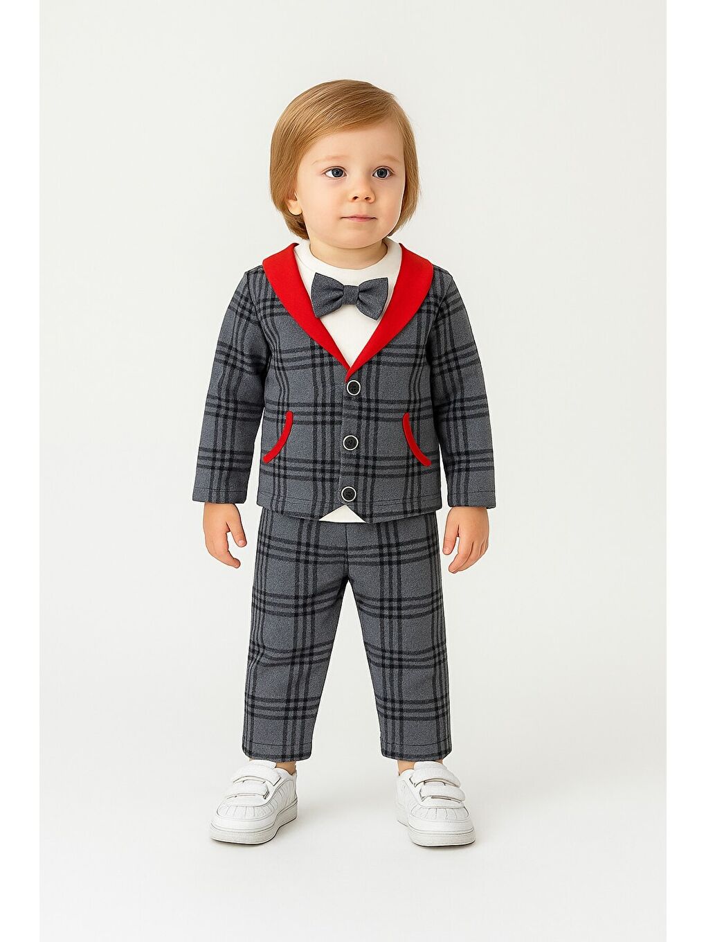 Antrasit Ekose Bebek 3’lü Takım Pamuklu Erkek Bebek Takım