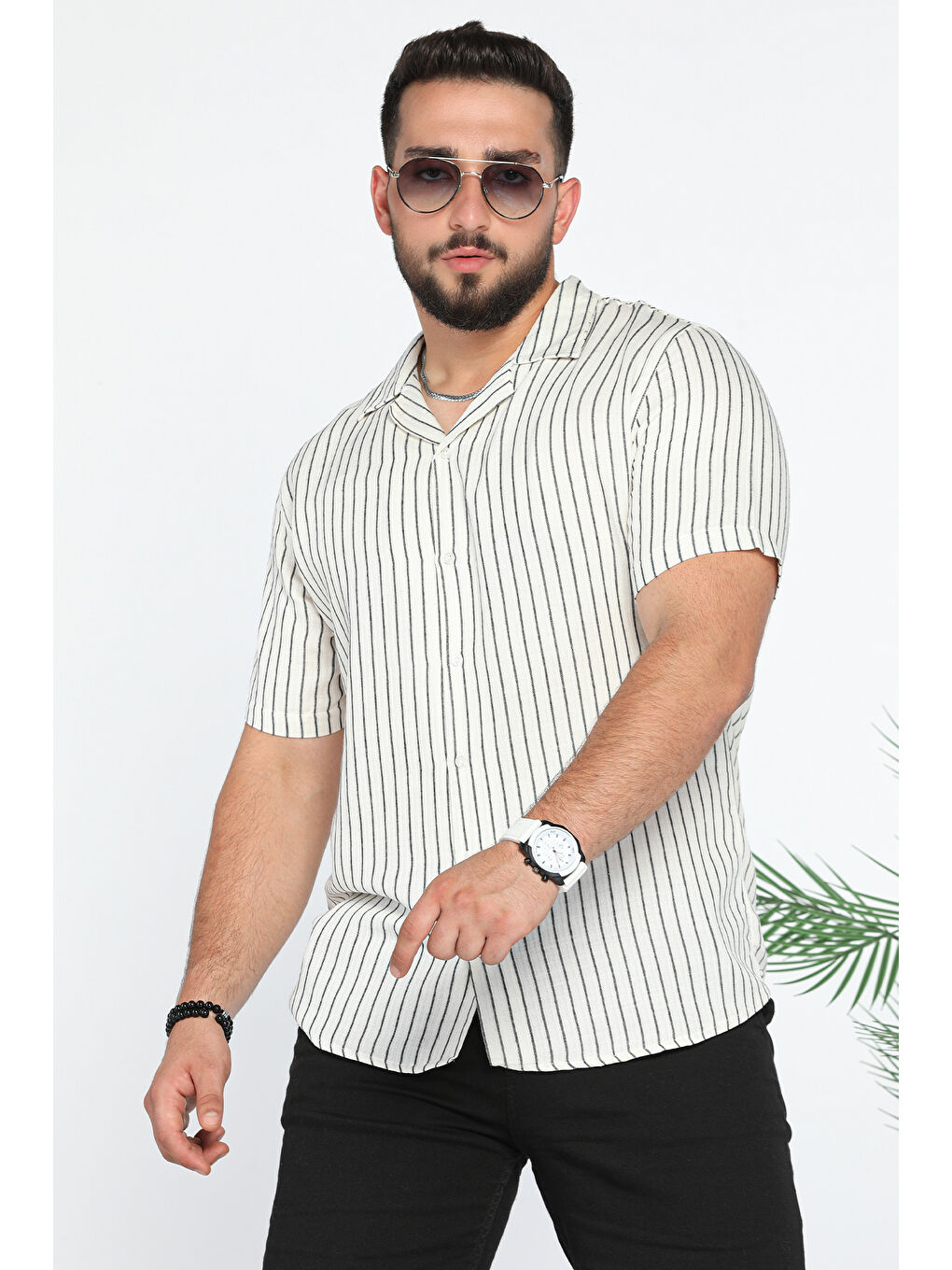 Mishar İtalia Ekru Slim Fit Çizgili Keten Gömlek - 1