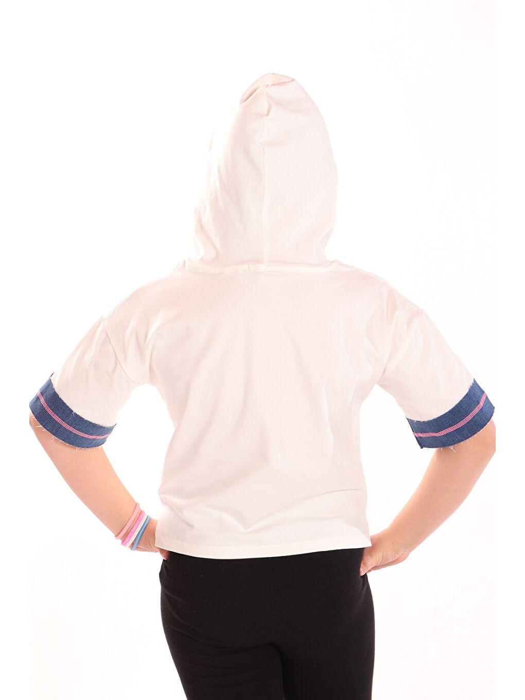 Ekru Kız Çocuk Denım Baskılı Kapüşonlu Tişört-1