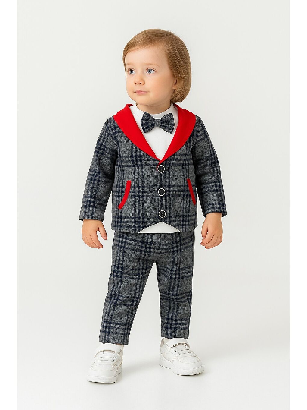 Antrasit Ekose Bebek 3’lü Takım Pamuklu Erkek Bebek Takım-1