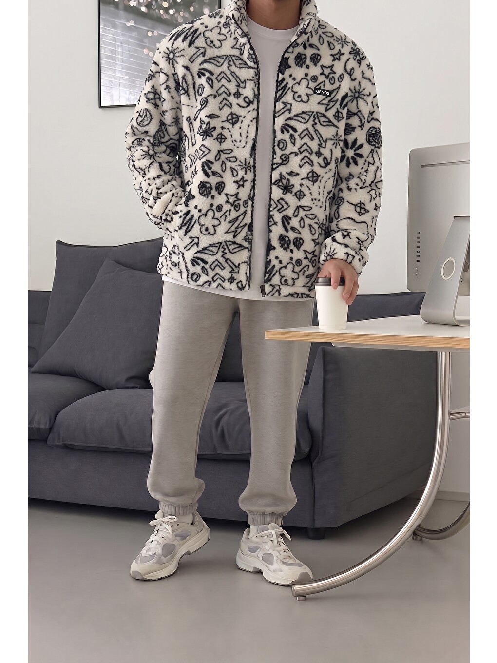 Beyaz Oversize Pelüş Tam Fermuarlı Sweatshirt Pelüş İçi Polarlı Sherpa Kumaş Sweatshirt-2