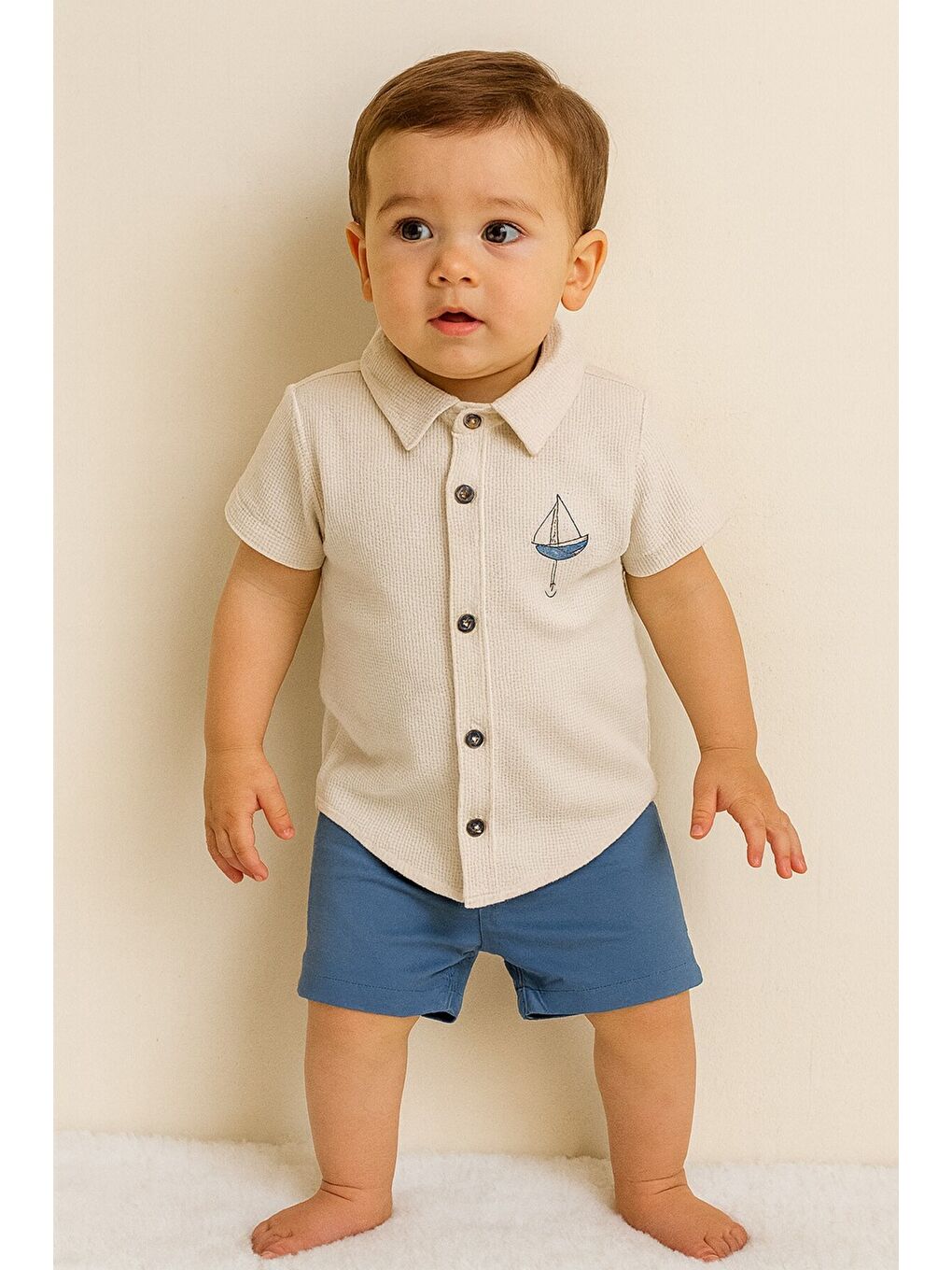 Ekru Tarz Erkek Bebek Gömlekli Yelken Desenli Belden Ayarlanabilir Kısa Kollu Şortlu 2'li Takım-1