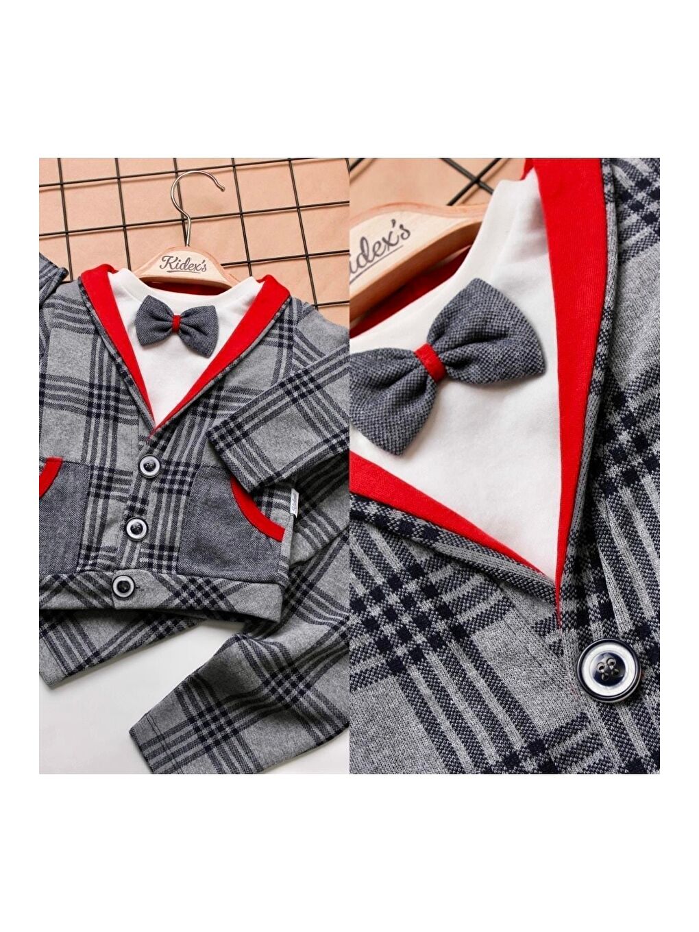 Antrasit Ekose Bebek 3’lü Takım Pamuklu Erkek Bebek Takım-2