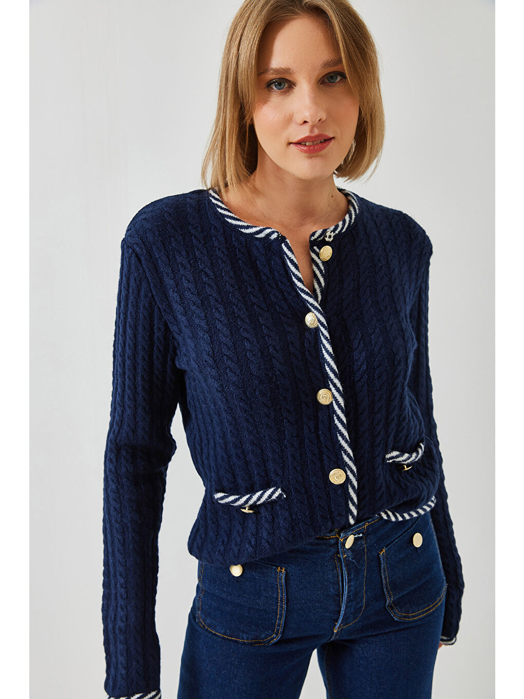 Lacivert Kadın Saç Örgülü Cepli Triko Hırka-2