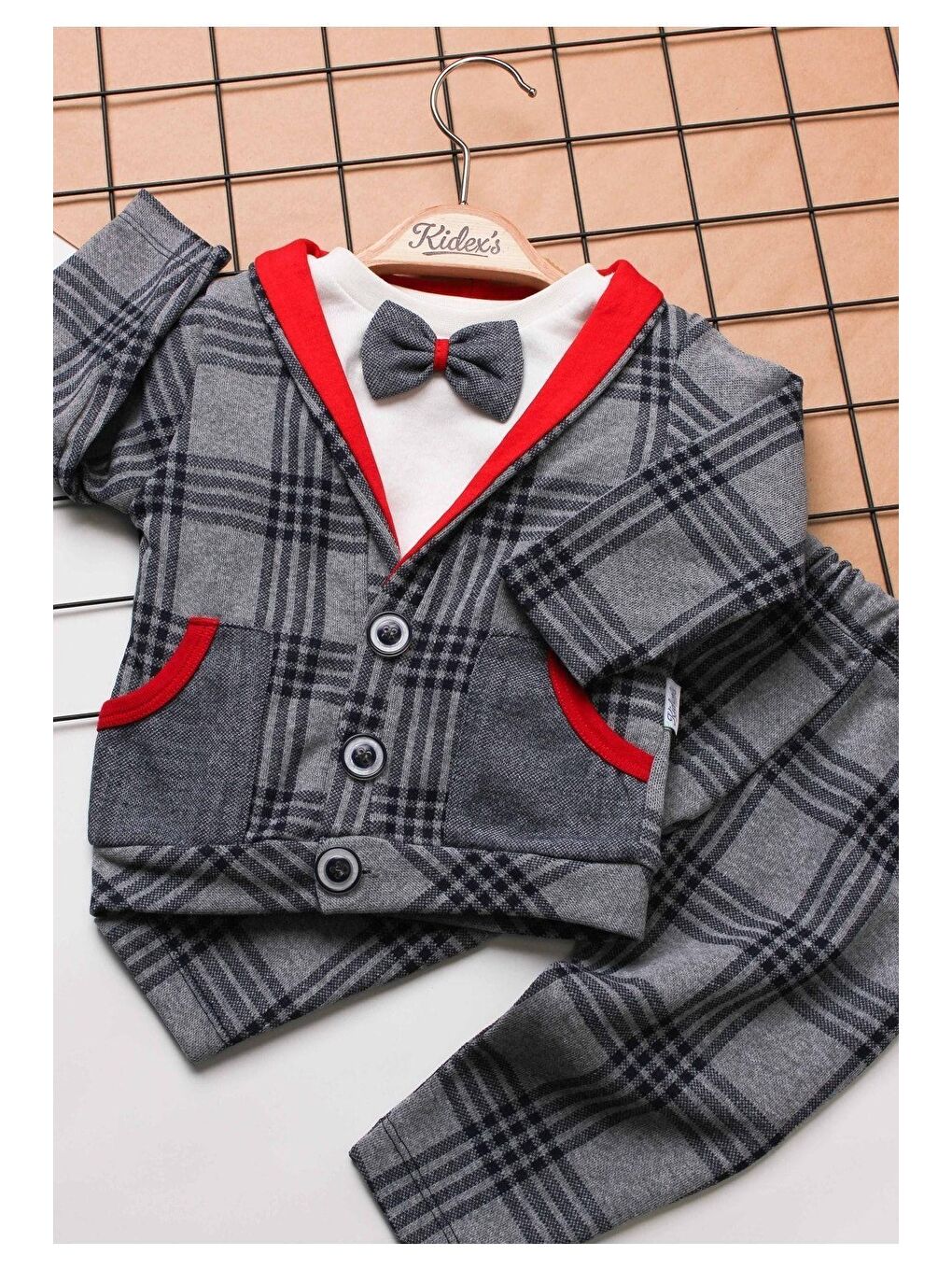 Antrasit Ekose Bebek 3’lü Takım Pamuklu Erkek Bebek Takım-3