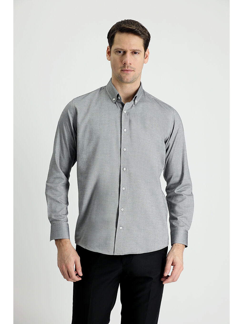 Siyah Uzun Kol Slim Fit Dar Kesim Oxford Pamuk Düğmeli Yaka %100 Pamuk Gömlek