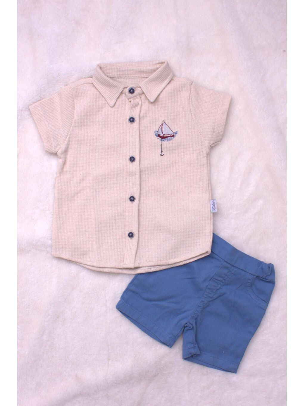 Ekru Tarz Erkek Bebek Gömlekli Yelken Desenli Belden Ayarlanabilir Kısa Kollu Şortlu 2'li Takım-2