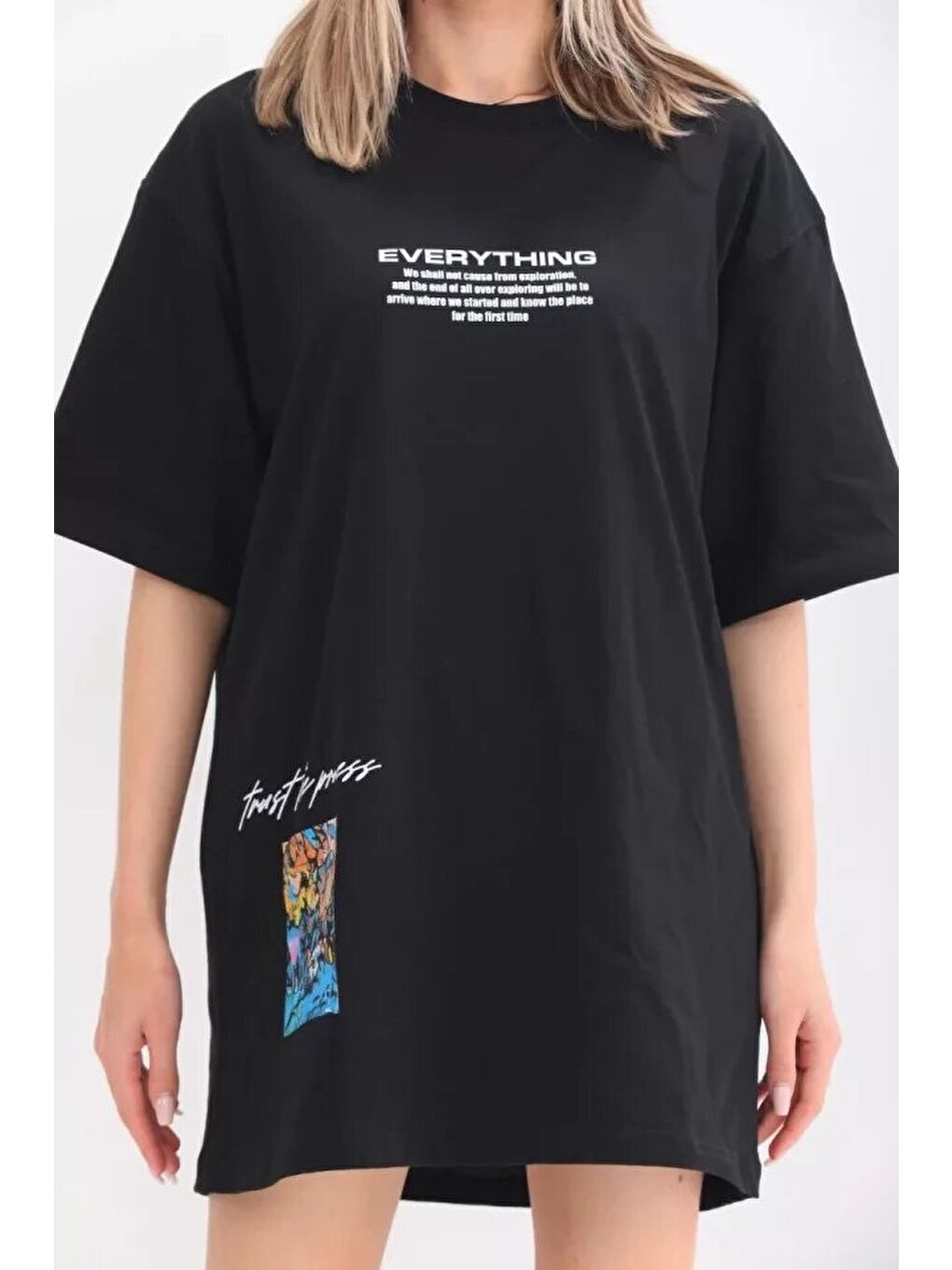 Unisex Bisiklet Yaka Baskılı Oversize T-Shirt - Siyah-1